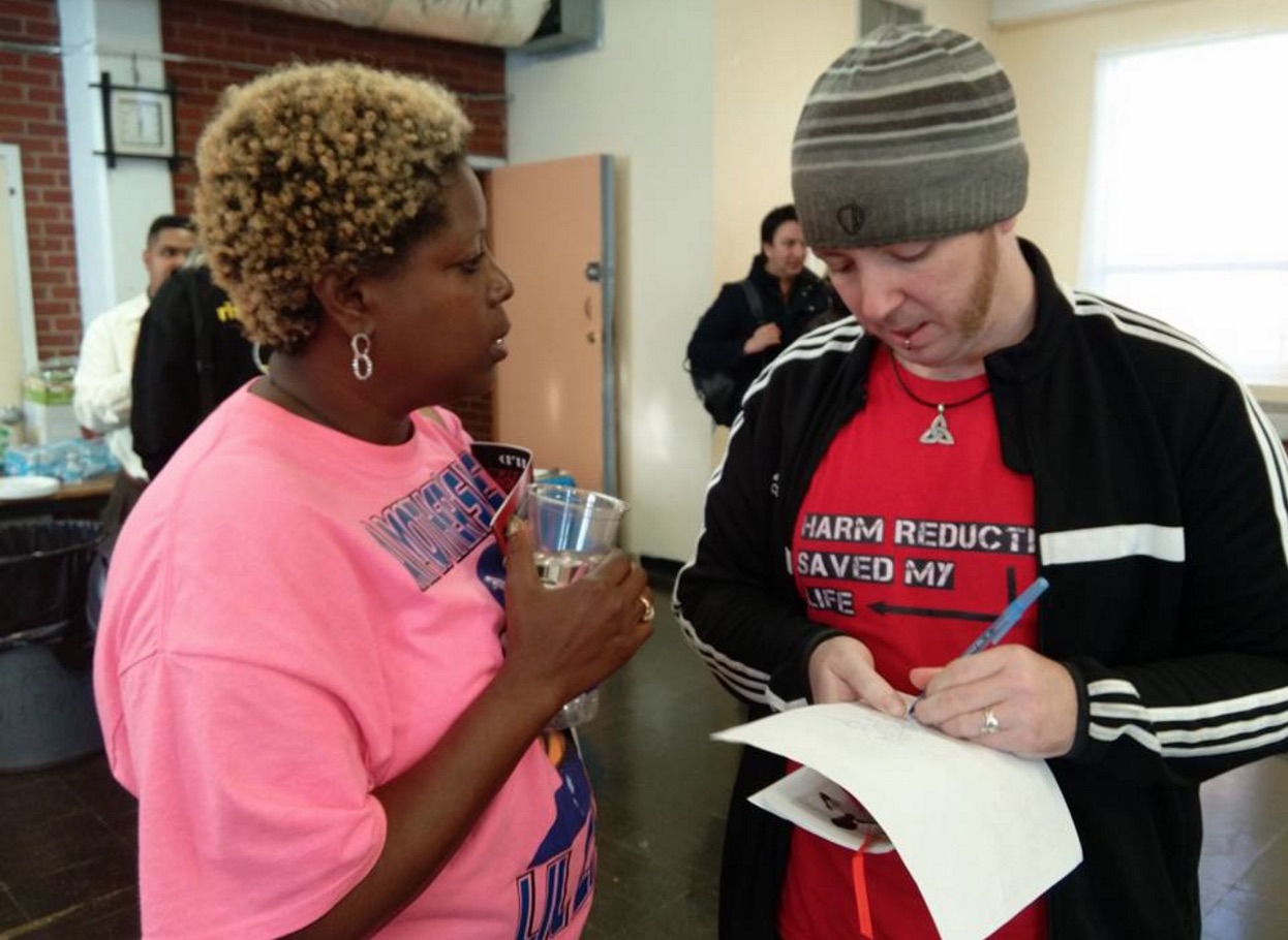 Jeremy Galloway talking with Catherine Thomas about her son's death.