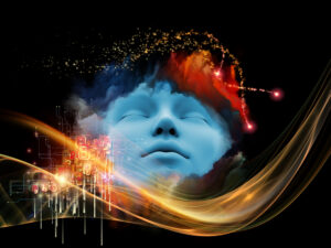 Face with colorful fractal designs.