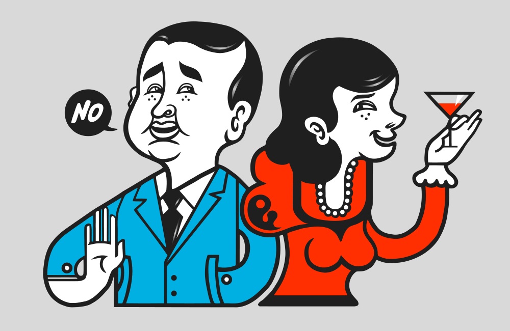 Cartoon image of a man saying "No" while a woman holds up a drink.
