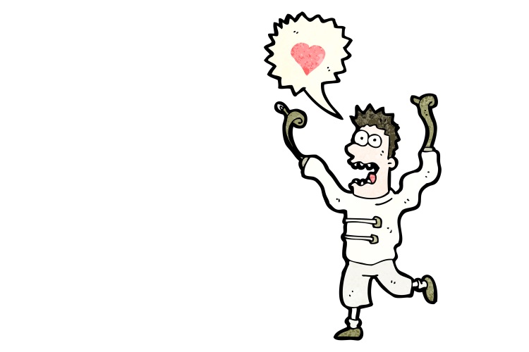 A cartoon of a man in a straightjacket with a heart in a speech bubble