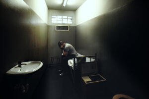 Man sitting on a bed in a small room of a dark prison.