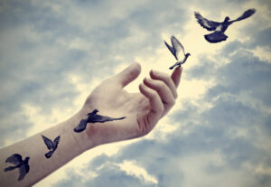 AA Saved Me and I’m Not an Alcoholic A woman's arm with pigeon tattoos turning into actual pigeons and flying away.
