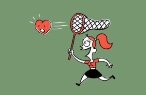 A cartoon of a girl chasing a heart with a butterfly catcher
