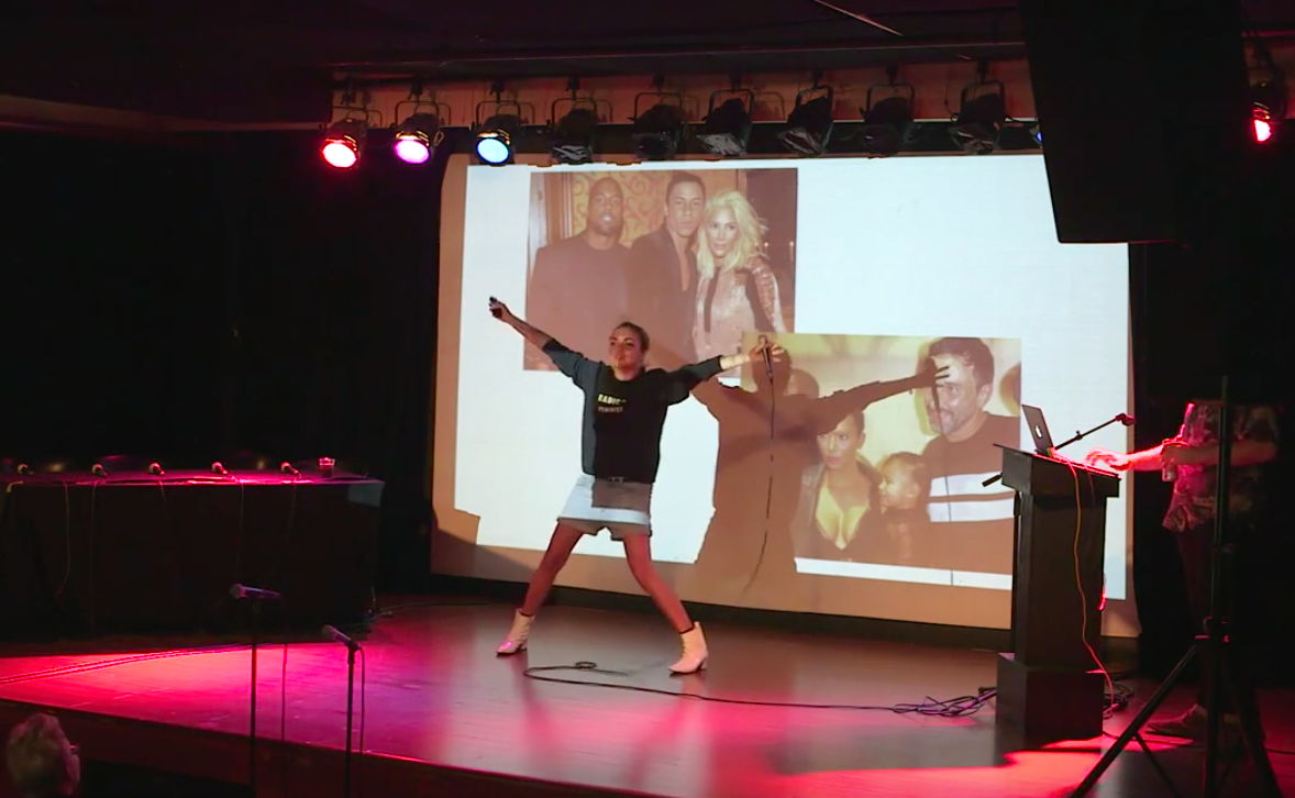 Woman performing a Drunk Ted Talk about Kim Kardashian