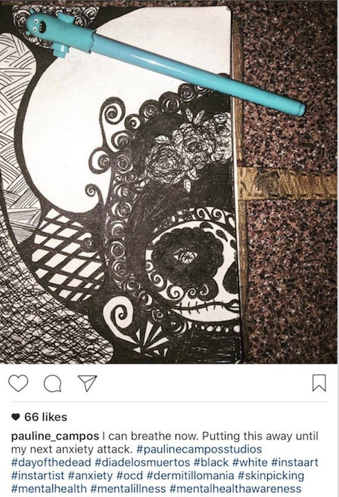 A screenshot from an instagram image of a black and white intricate drawing, tags listed below.