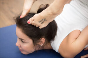 A woman in a difficult yoga position.