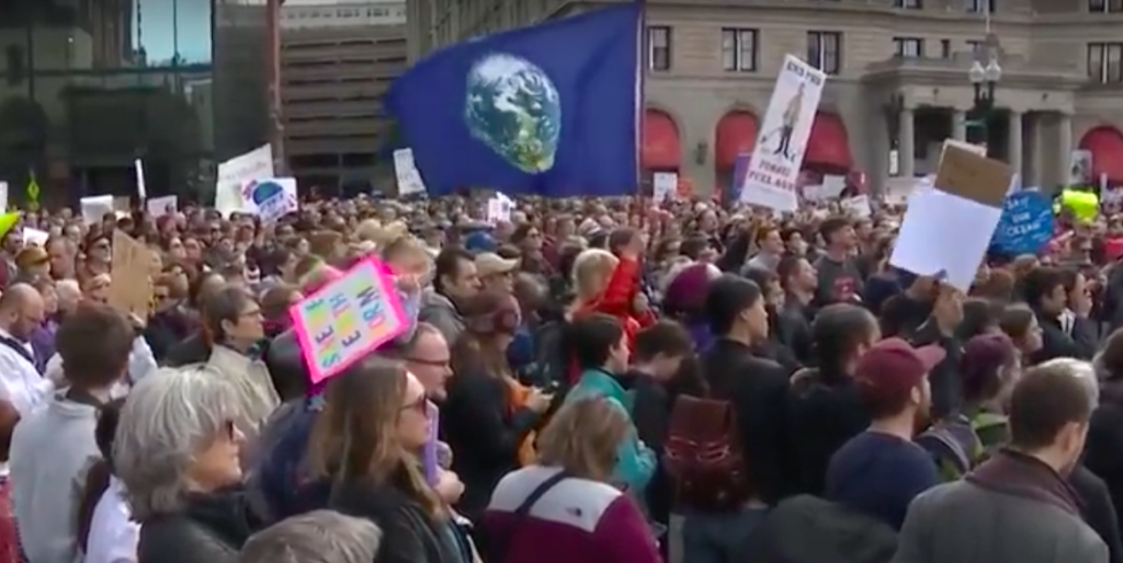 Scientists and environmentalists rally for science in Boston back in February.