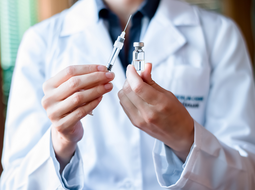 a doctor holding an ampule of medication and a syringe.