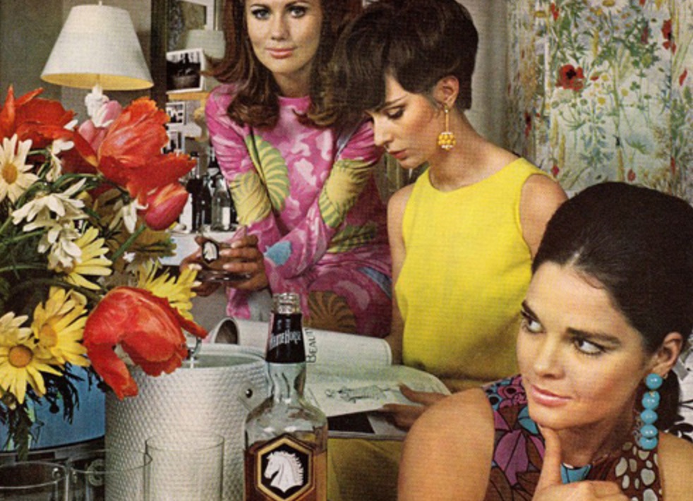Vintage 60s liquor ad with 3 women in colorful room