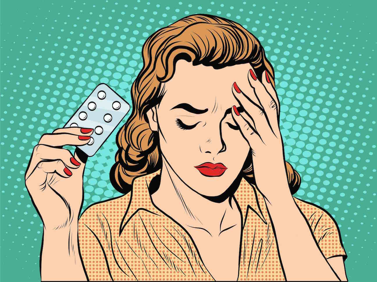 A cartoon image of a woman with one hand on head, other hand holding a packet of contraceptive pills