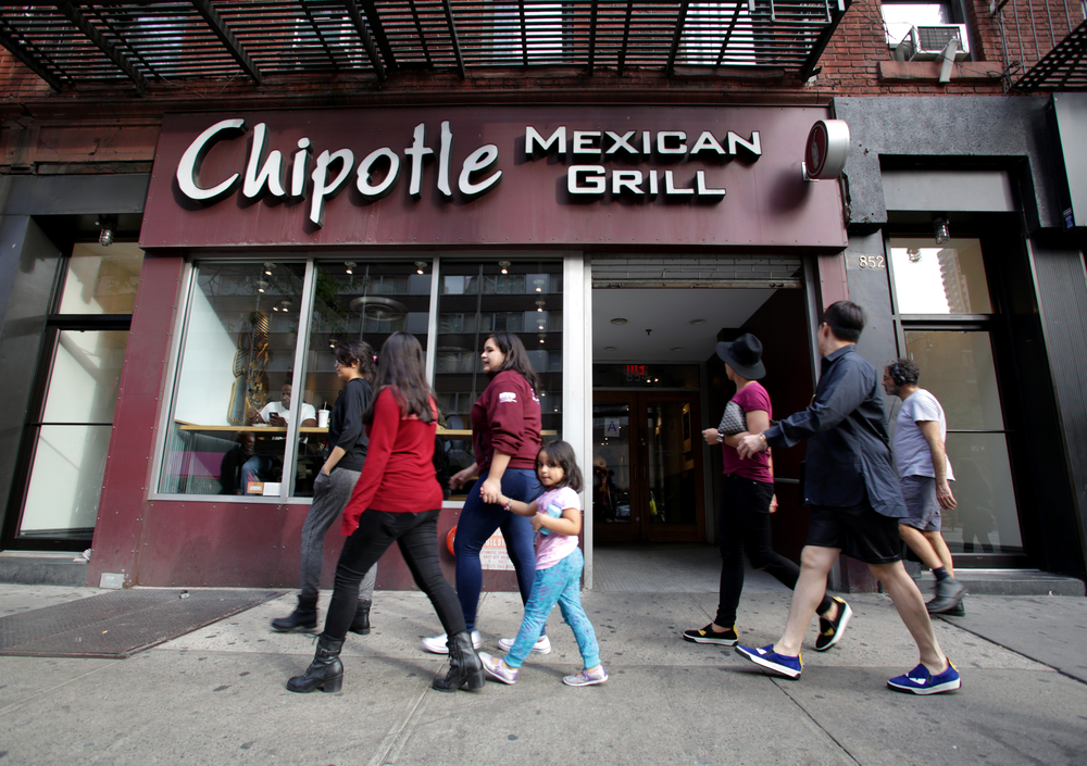 pedestrians walking past a Chipotle restaurant storefront