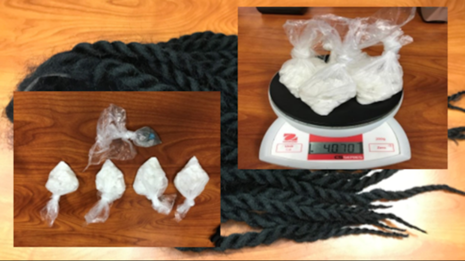 The woman's wig and the baggies of drugs that were found sewed into it.