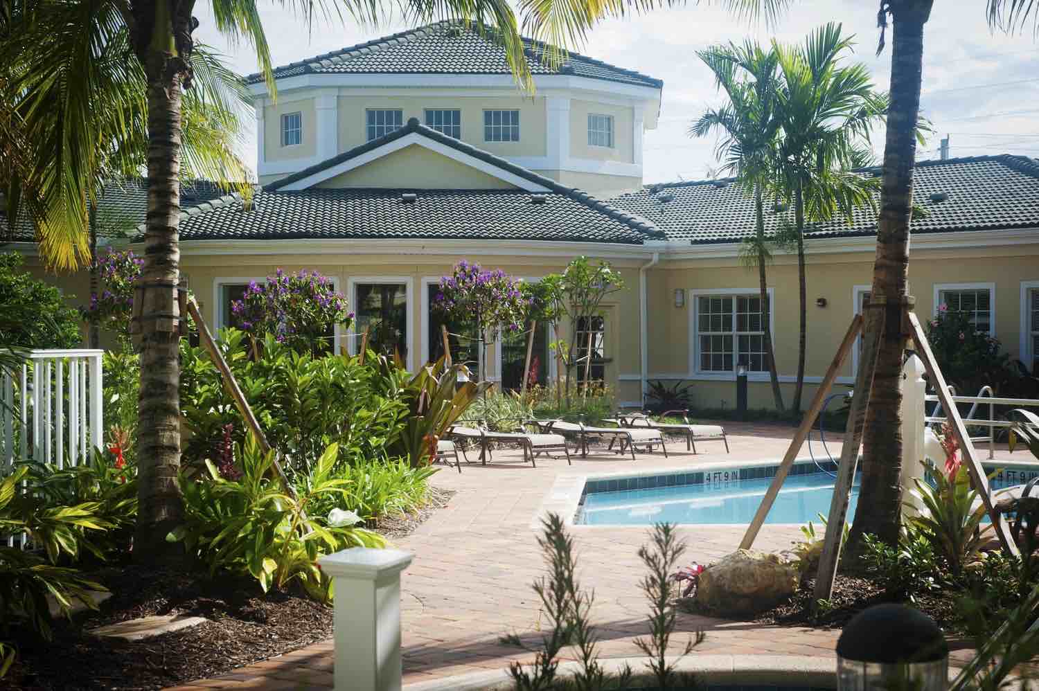Futures of Palm Beach building and swimming pool with palm trees.