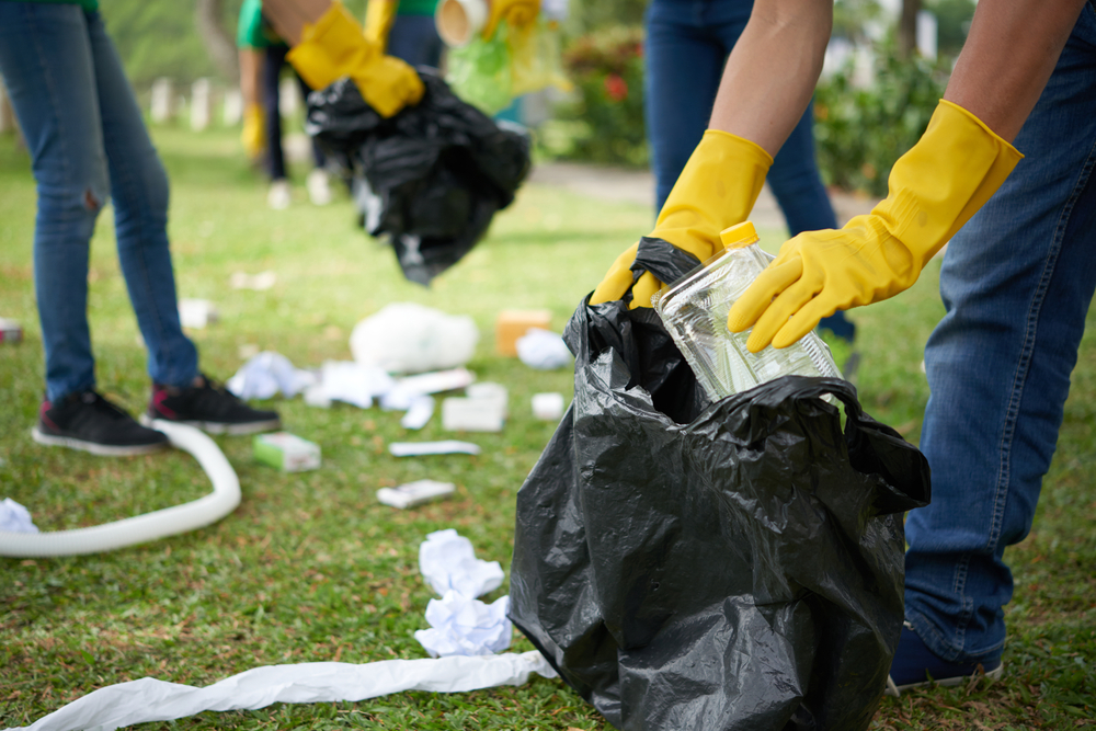 A group of people picking up litter in a yard.
