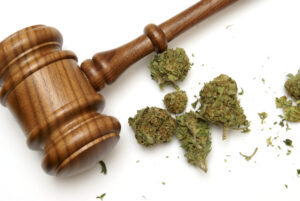 a gavel and a few nuggets of marijuana