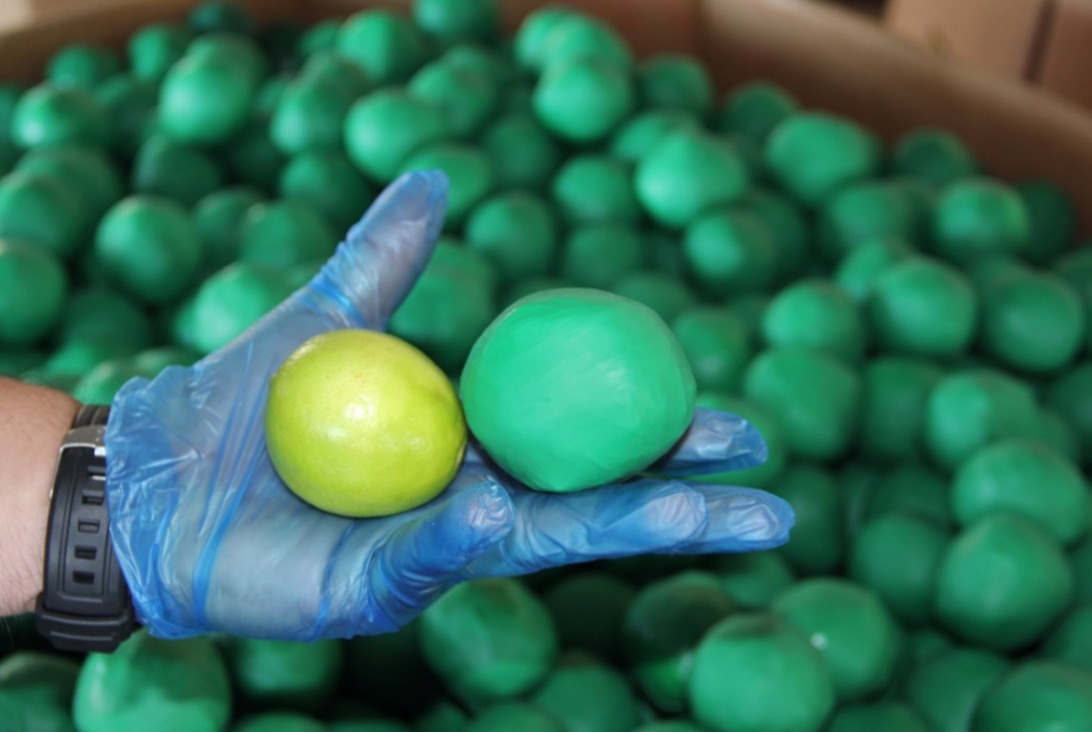 A lime next to a bundle of marijuana disguised as a lime.