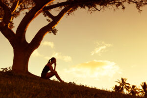 woman sitting under tree at sunset