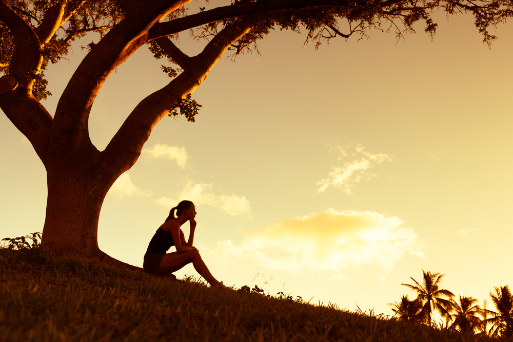 woman sitting under tree at sunset