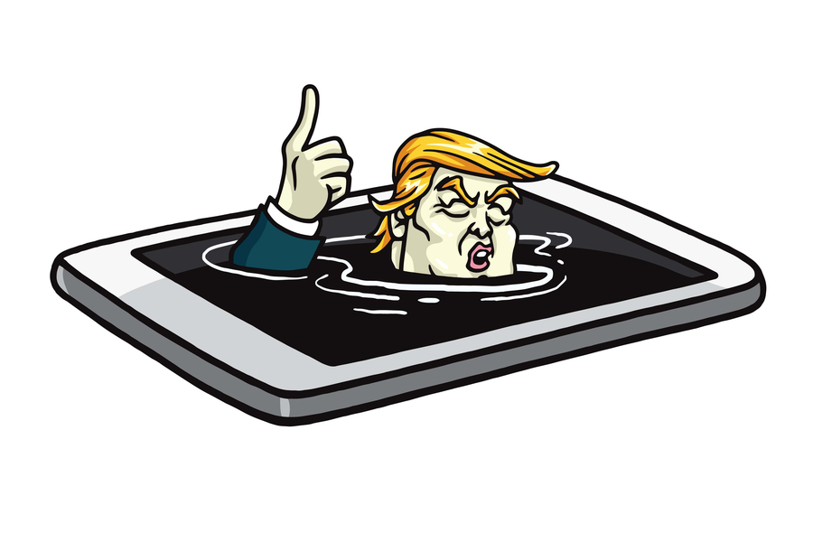 Donald Trump Drowning in Mobile Phone. Cartoon Illustration Vector.