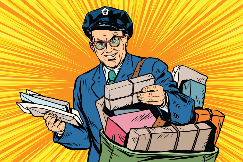 an animated postman carrying a sack of packages