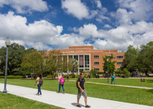 students walking past Robert Manning Strozier Library at Florida State University