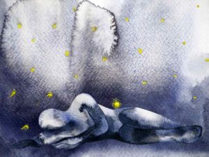 A watercolor painting of a figure lying on the ground.