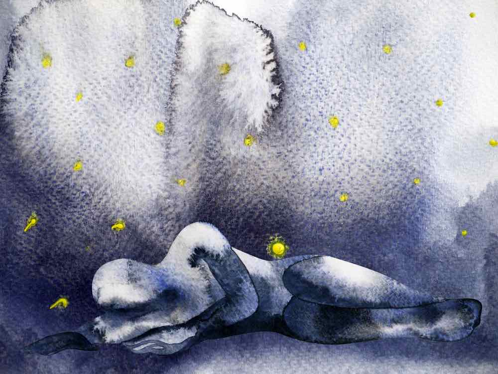 A watercolor painting of a figure lying on the ground.