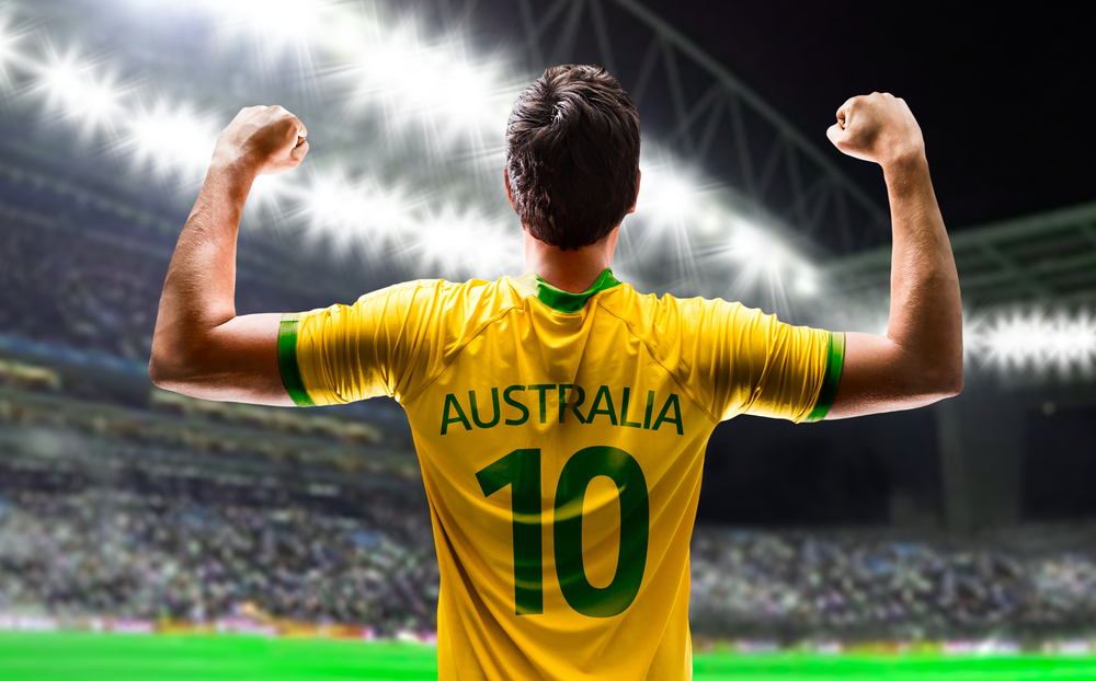 Australian soccer player celebrates in the stadium