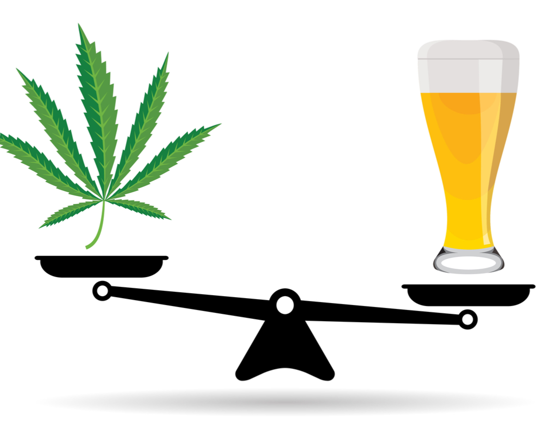 an illustrated marijuana leaf and glass of beer being weighed on a scale