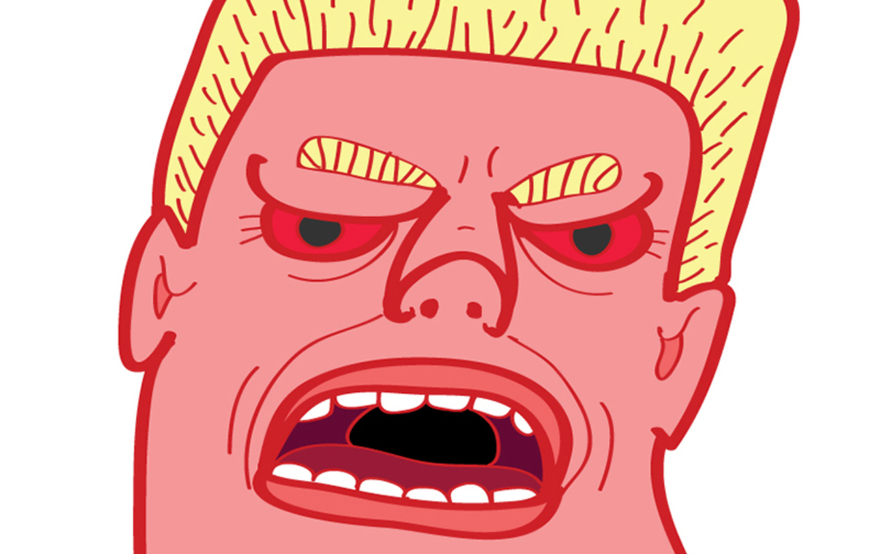 Cartoon angry blonde man with red eyes, very angry.
