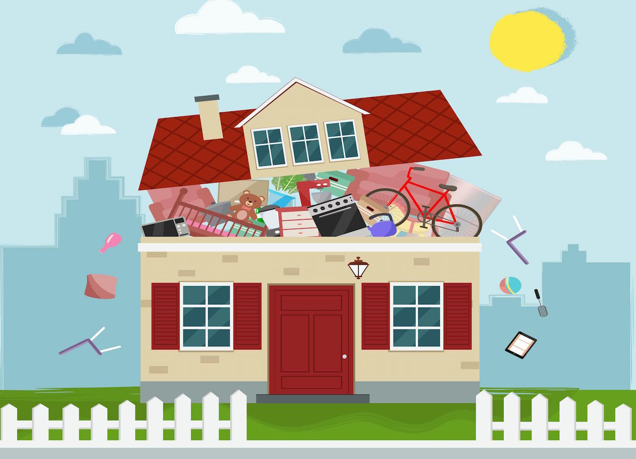 A drawing of a house full and overflowing with stuff.