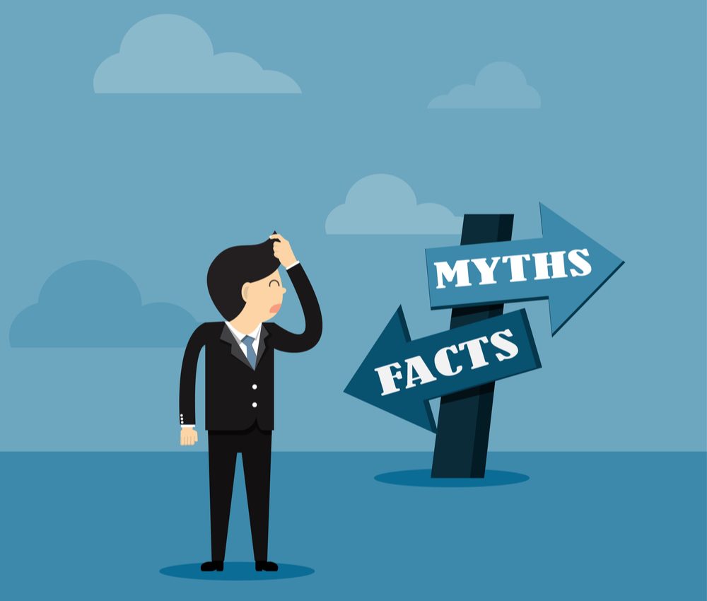 illustration of Businessman and directional sign of facts versus myths