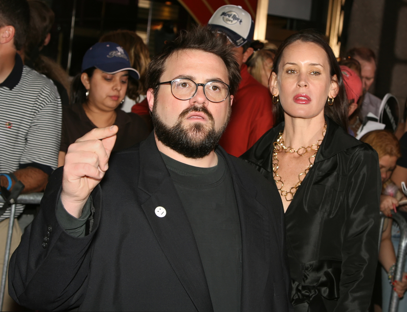 Film writer/director Kevin Smith and wife Jennifer Schwalbach Smith, a former journalist and actress and director, arrive for the premiere of Live Free or Die Hard.