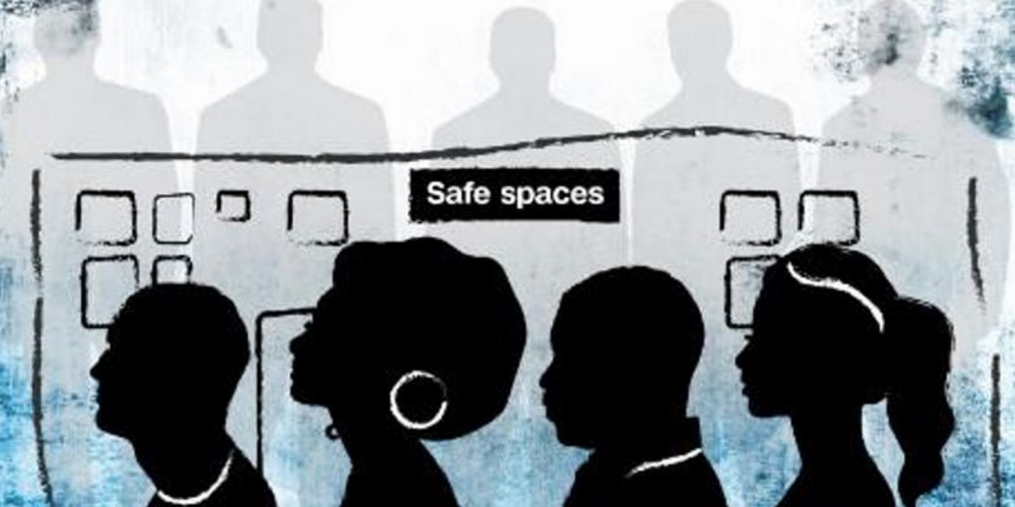 Flyer with drawing of people in silhouette with text: Safe spaces