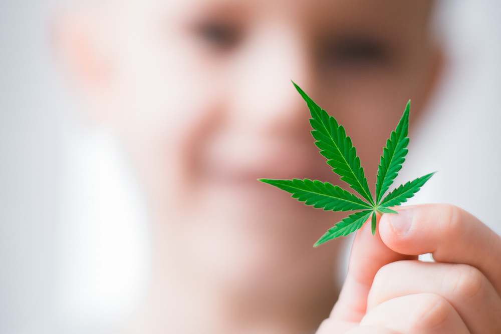 child holding a hemp leaf