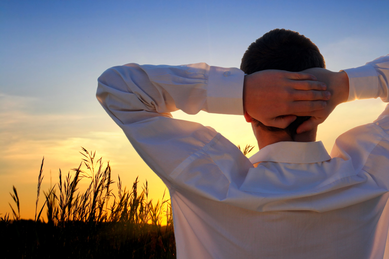 We see a man from behind, hands behind head, staring into sunset over field.