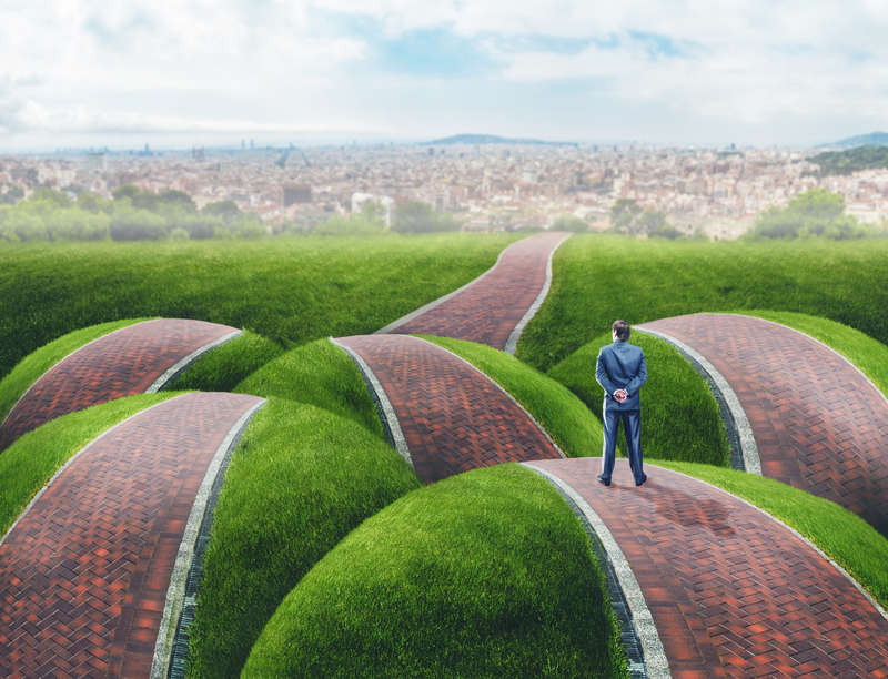A man stands on a hilly path, surrounded by other paths.