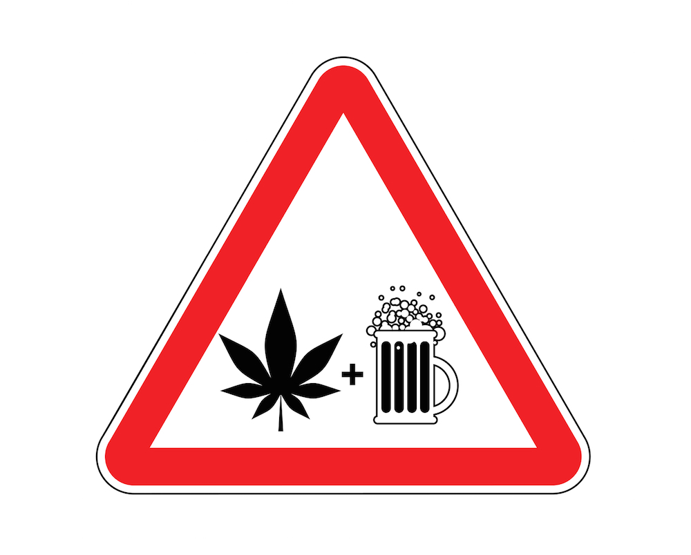 an illustration of a weed plant and a mug of beer enclosed in a warning sign