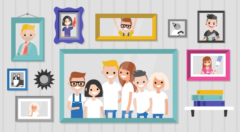Drawing of framed family photos on a wall.