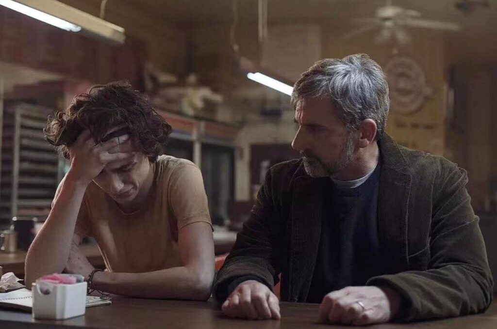 Timothée Chalamet and Steve Carell  as Nic and David Sheff in "Beautiful Boy"