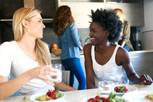 Group of friends eating healthy diet in recovery, staying sober