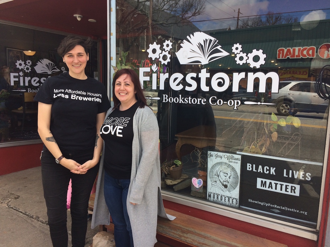 Hillary Brown and Vanessa Bourgeois in front of Firestorm Books where Steady Collective Harm Reduction operates a syringe exchange.