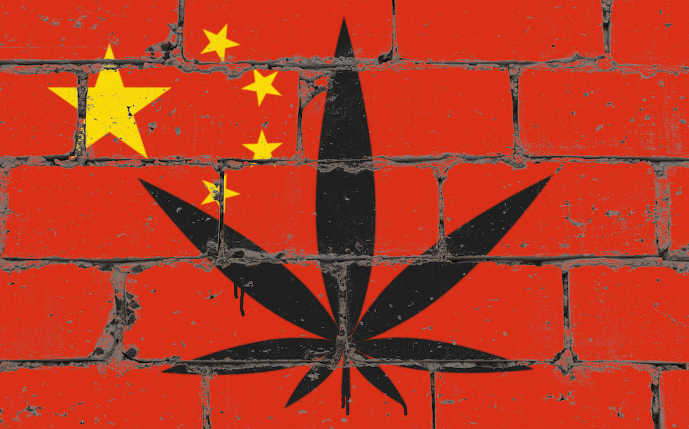 The Chinese flag with a pot leaf stenciled on it