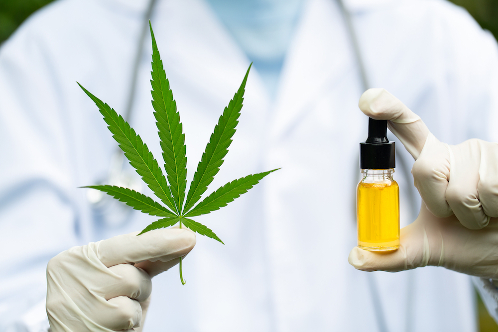 a scientist holding hemp oil and a marijuana leaf