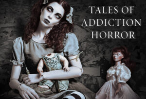 creepy doll-woman holding a syringe and a headless doll with text "Tales of Addiction Horror"
