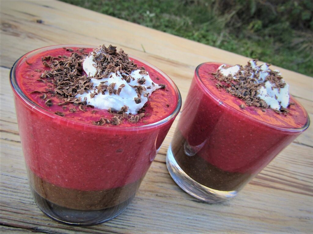 Raspberry Chocolate Layer Pudding in two glasses