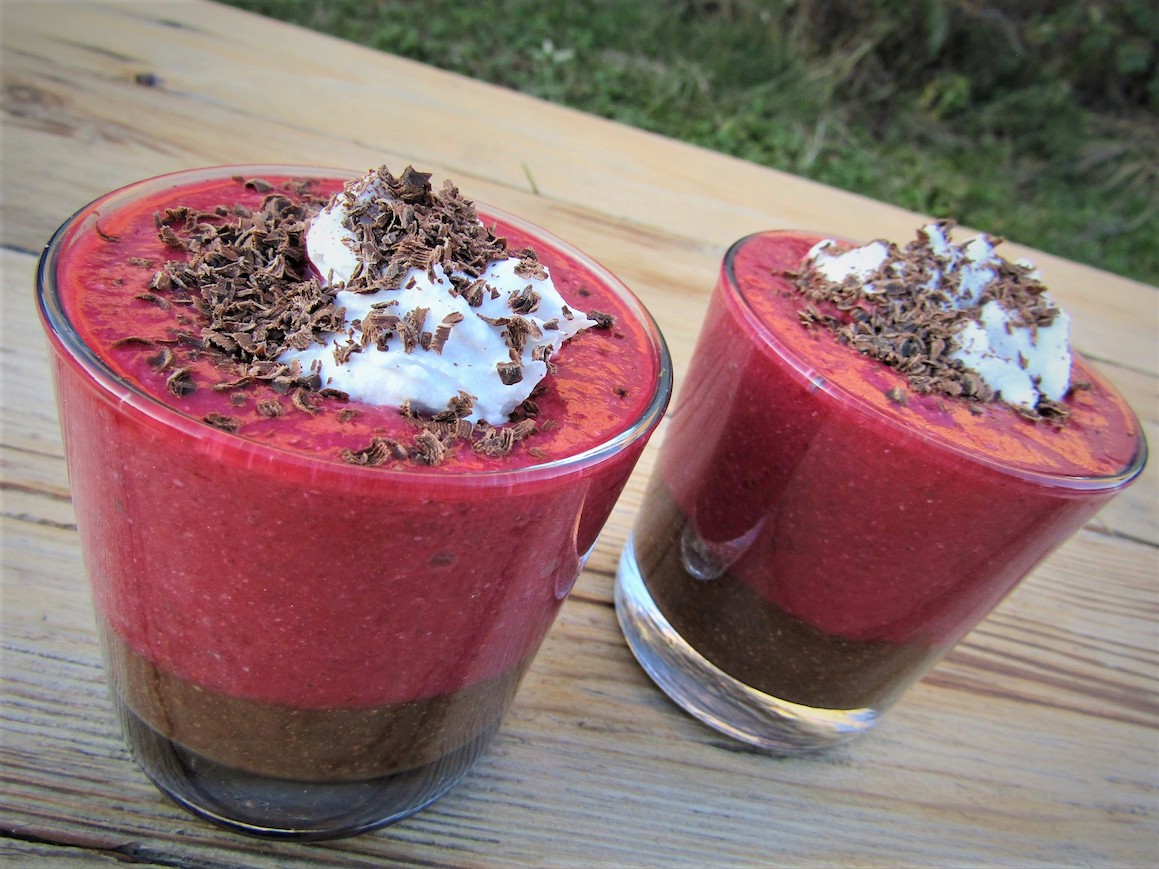 Raspberry Chocolate Layer Pudding in two glasses