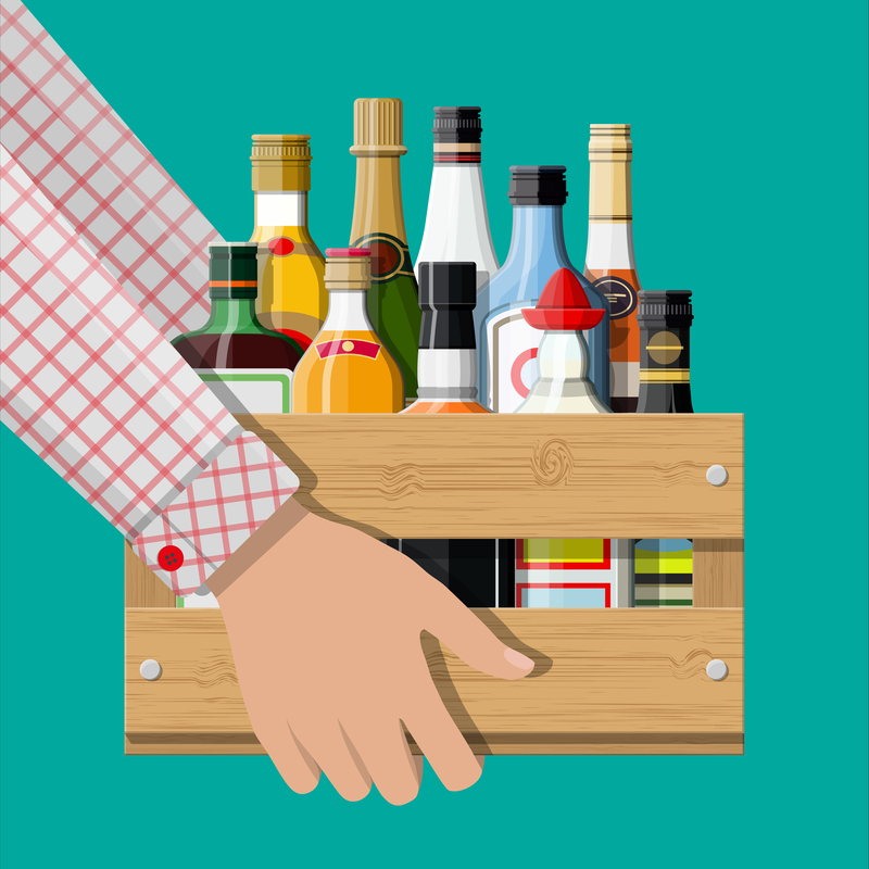 Drawing of hands holding a box with alcohol bottles in it