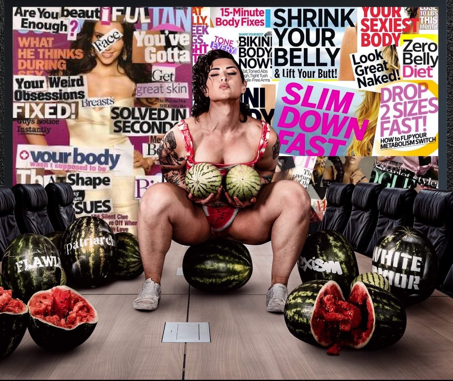 Kortney Olson sitting on a watermelon, holding watermelons, in front of a wall of magazine covers emphasizing weight loss and beauty standards..