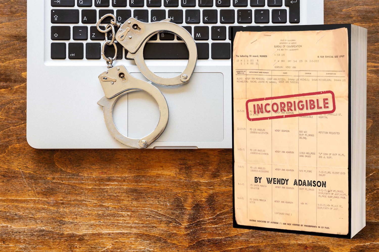 Book cover for Incorrigible next to laptop keyboard with handcuffs